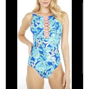 Lilly Pulitzer Blue Multi Lace-Up One-Piece Swimsuit
